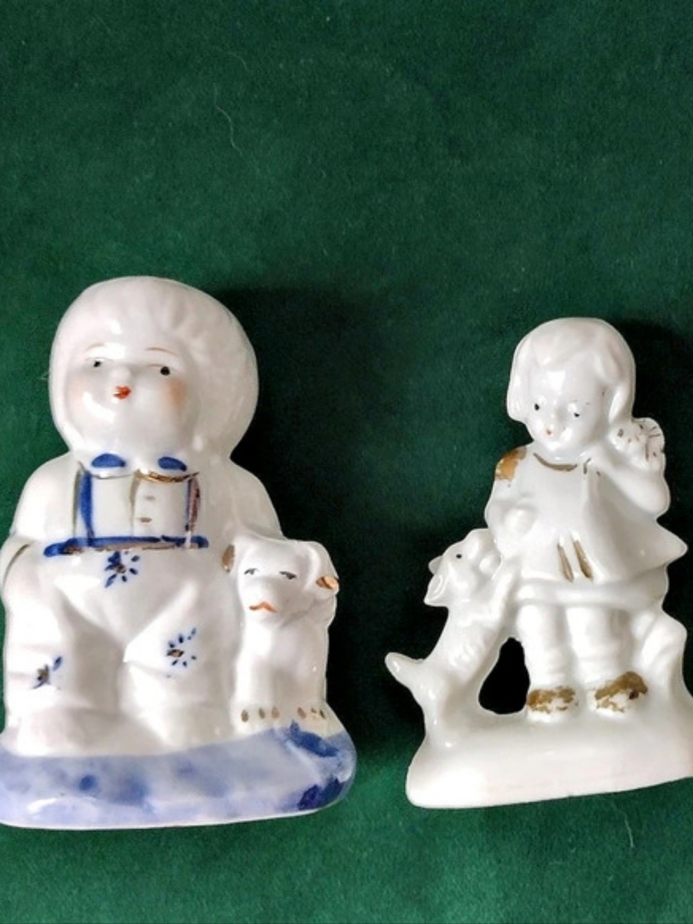 2 Vintage Porcelain-Style Figurine Boy with Dog and Girl with Dog